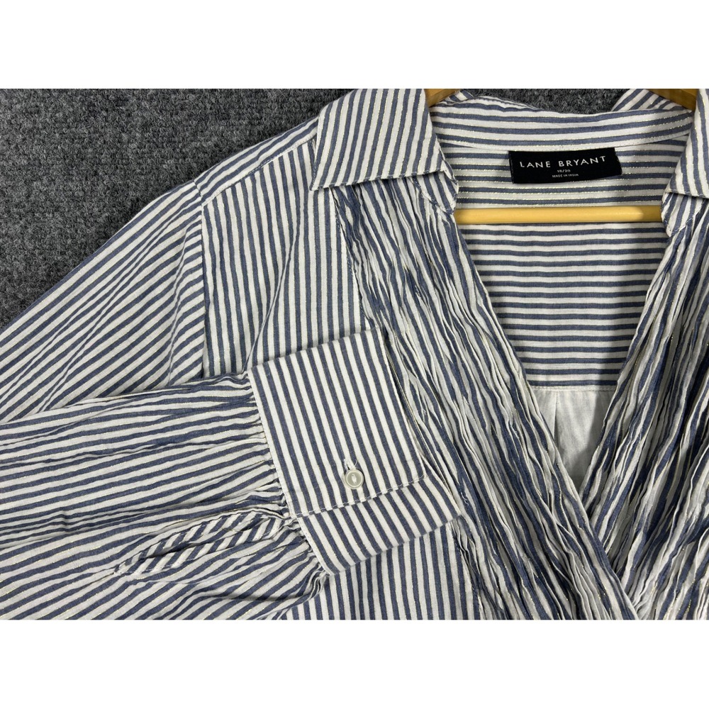 Lane Bryant Blue White Striped Gold Metallic V-Neck Pleated Tunic Top 18/20
